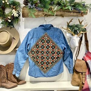 Upcycled embroidered denim boho shirt w country cabin vibe